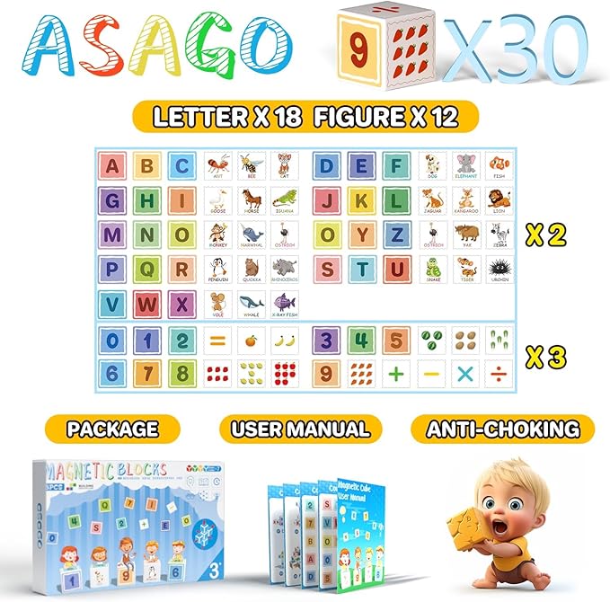 Magnetic Blocks ABC 123 Alphabet Colorful Printed, Building Blocks for Toddler 1-3, Magnet Cubes Sensory Toys, Preschool Early Learning Number,Letter,Animals,Education for Kids Age 1 2 3