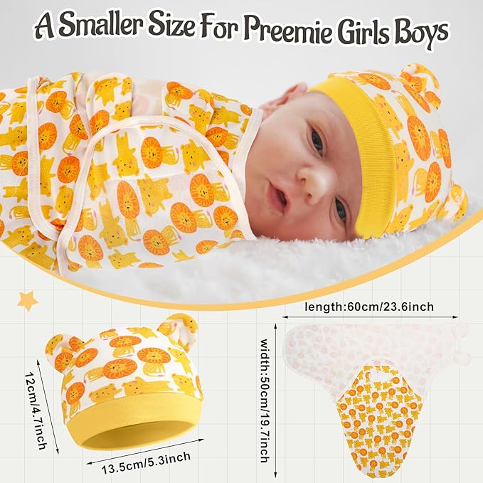Buryeah 4 Pack Preemie Swaddle Blanket Wrap Set with Hat for Baby Boys Girls 3-7 Lbs Preemie Newborn Clothes Sleepers Cap
