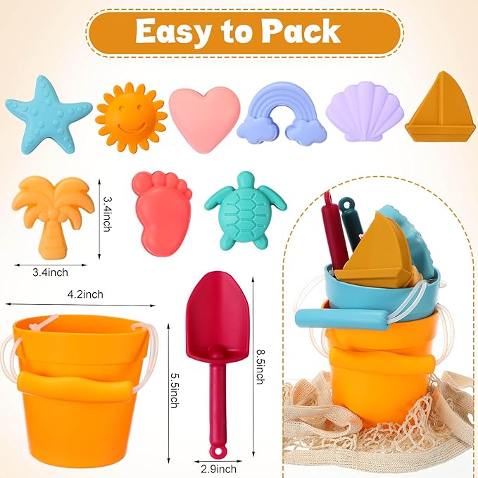 Hungdao 14 Pcs Silicone Beach Toys Travel Beach Set Sand Toys Include 2 Silicone Bucket Pail, 2 Shovel 9 Sand 1 Beach