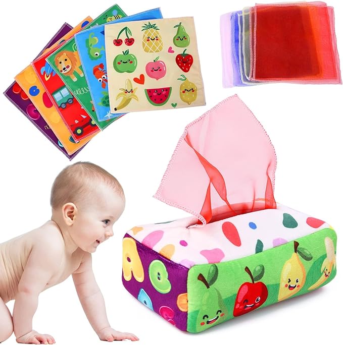 Baby Toys 6 to 12 Months - Tissue Box Toy Montessori for Babies 6-12 Months, Soft Stuffed High Contrast Crinkle Infant Sensory Toys