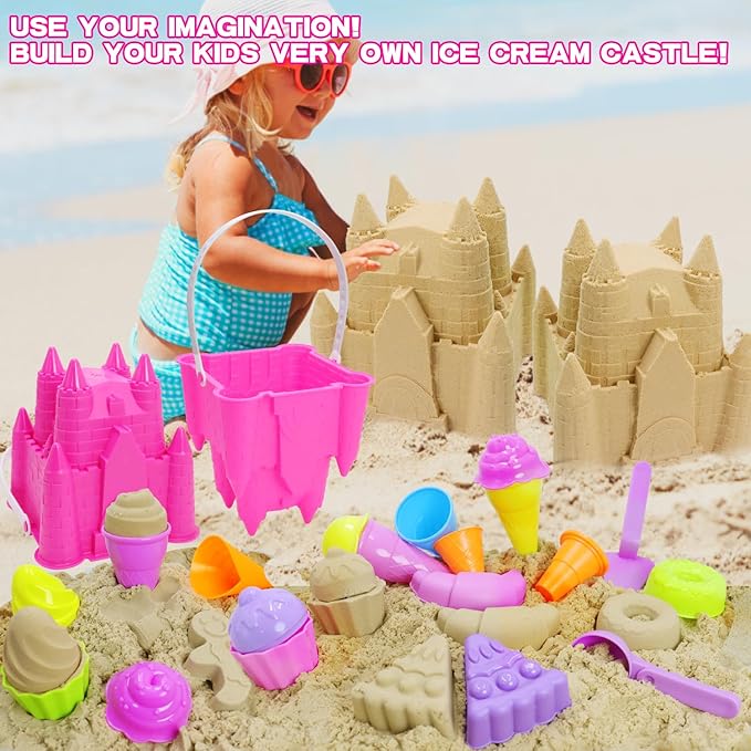 Ice Cream Beach Toys Sand Toys Set for Girls Kids Ages 4-8,Beach Castle Toys Sand Bucket Toddler Baby Ages 3