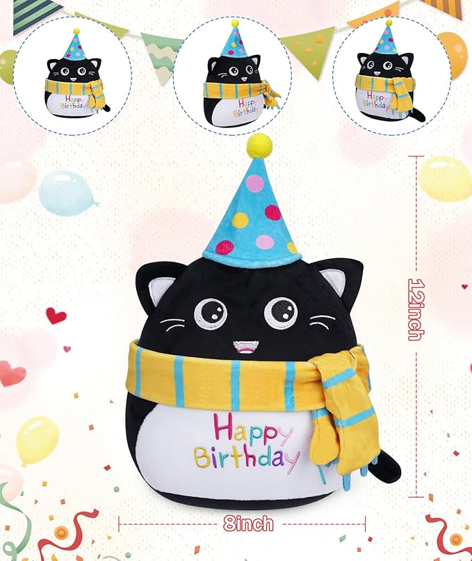 Stuffed Cat Birthday Plush Gift - Adorable Black Cat Stuffed Doll, Cute Birthday Hat and Scarf, Soft Huggable for Kids, Cute Decor, 8 Inch