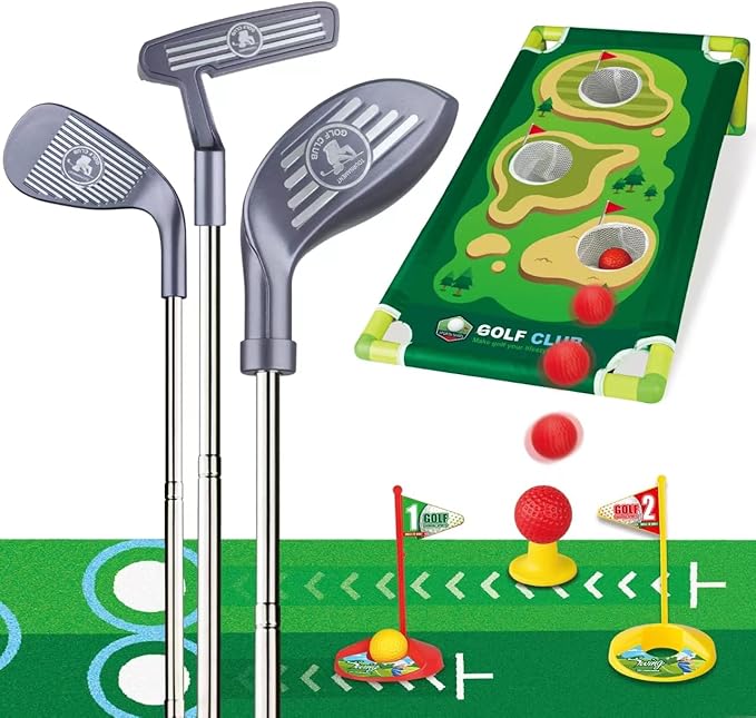 Toddler Golf Clubs Length Adjustable, Upgraded Kids Golf Toy Set with Golf Cornhole 2 3 4 5 6 Year