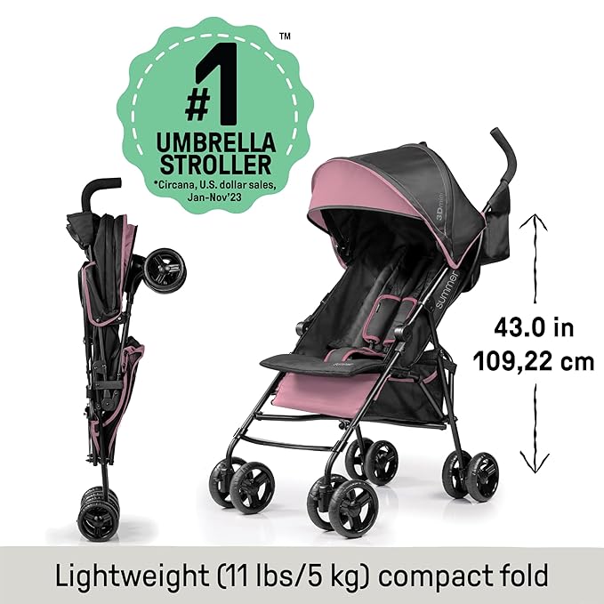 Summer by Ingenuity 3D Mini Convenience Stroller – Lightweight Stroller with Compact Fold, Multi-Position Recline, Canopy with Pop Out Sun Visor and More – Umbrella Stroller for Travel, Pink