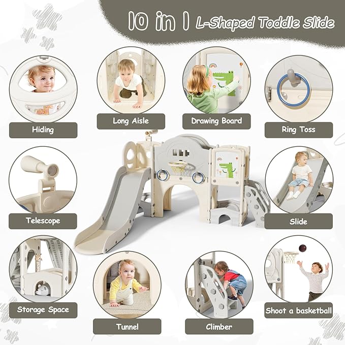 10 in 1 Toddler Slide for Toddlers Age 1-3, Extra-Long Slide with Basketball Hoop Indoor and Outdoor Baby Climber Playset Playground Freestanding Slide (Large