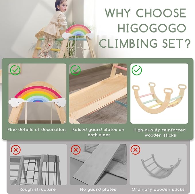 HIGOGOGO 9-in-1 Indoor Playground - Toddler Jungle Gym Montessori Climbing Set Toy Wooden Pikler Triangle with Monkey Bars, Arch 2-12 Years