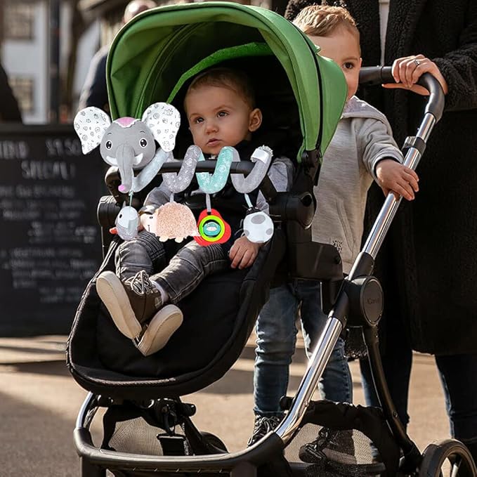 Baby Car Seat Toys, Hanging Stroller Toys for Baby 0-6 Months Infants Activity Spiral Toys with Musical Owl Rattles Hedgehog Beep Ladybug Squeaker - Gray Elephant Toys for Newborn Baby 0 3 6 12 Months