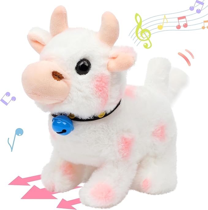 Hopearl Walking Cow Interactive Electronic Pet Plush Diary Cattle Toy with Sounds and Movements MOO Nodding Head Wag Tail Animated Gifts for Toddlers Birthday, Pink 7''