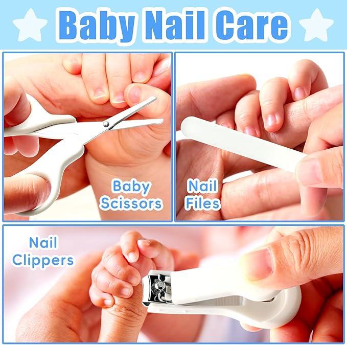Baby Grooming Kit, Infant Safety Care Set with Baby Nose Aspirator,Baby Hair Brush Comb Nail Clipper Nasal Aspirator,Baby Essentials Kit for Newborn Girls Boys (17 Pc Grey White Kit)