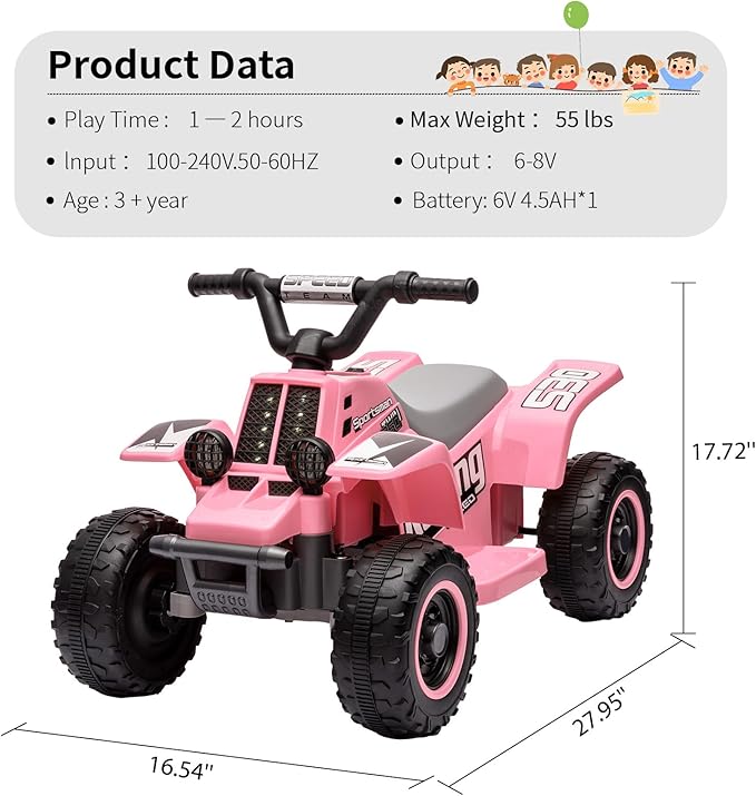 Hetoy 6V Kids Ride On Electric ATV, Ride Car with LED Headlights 1-3 Boys