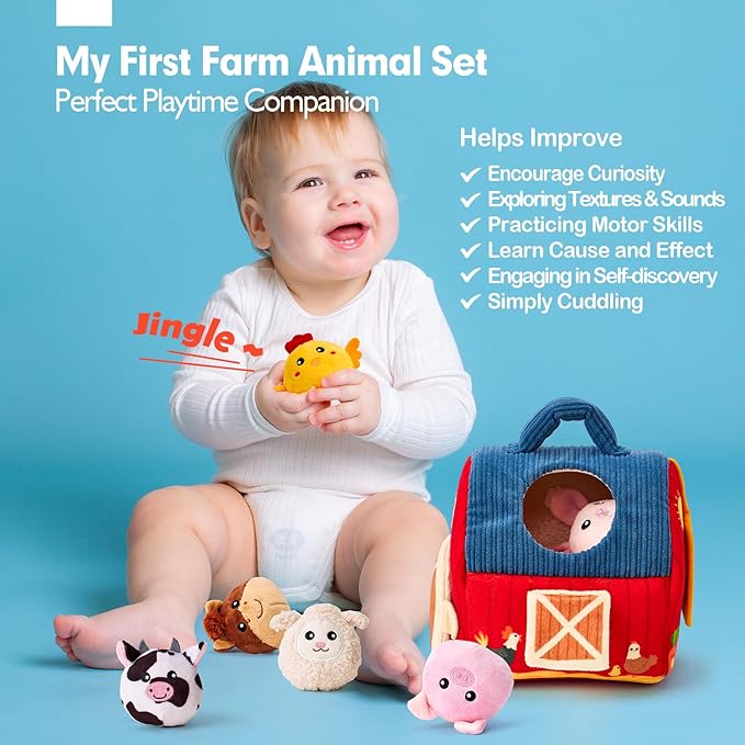 hahaland Baby Toys 6-12 Months - Surprise Barn with Stuffed Farm Animals, Rattle 1-3