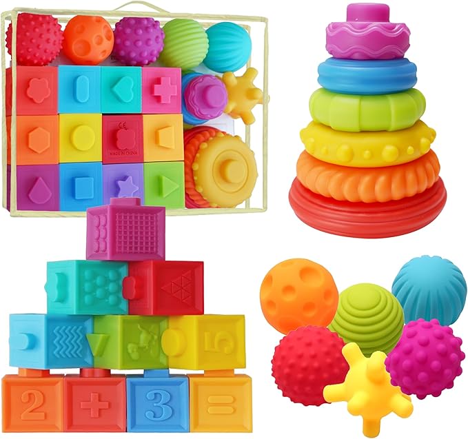 Montessori Silicone Teething Toys for Babies 6 Months + Sensory Developmental Educational Baby Toys Infants & Toddlers - Building Blocks, Stacking Rings (24 Pieces)