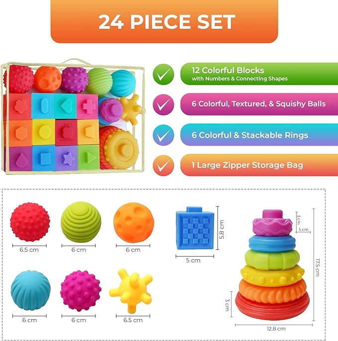 Montessori Silicone Teething Toys for Babies 6 Months + Sensory Developmental Educational Baby Toys Infants & Toddlers - Building Blocks, Stacking Rings (24 Pieces)