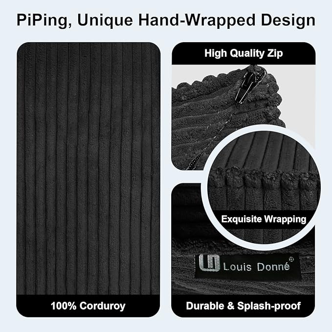 Louis Donné Unstuffed Pouf Ottoman Cover for Storage Black Square Poofy Ottomans Foot stool for Living Room Floor Cushion, Premium Corduroy Fabric, Footrest for Couch and Single Sofa 17.7"(Only Cover)