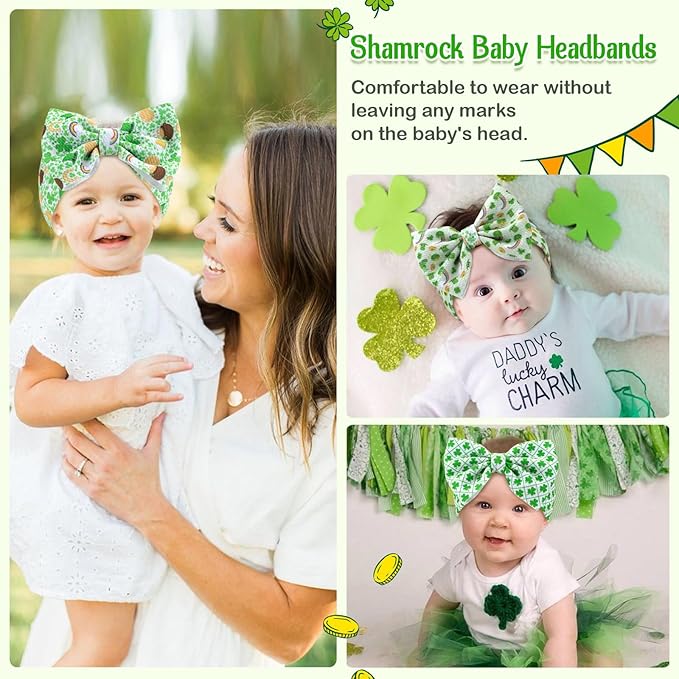 St. Patrick's Day Handmade Elastic Headbands, 3PCS Shamrock Printed Bows