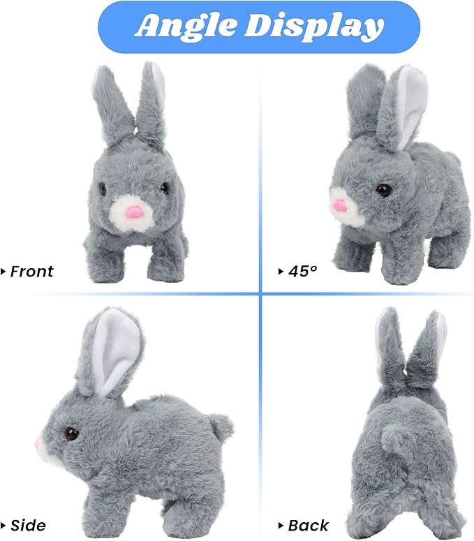 Hopearl Hopping Rabbit Interactive Electronic Pet Plush Bunny Toy with Sounds and Movements Animated Walking Wiggle Ears Twitch Nose Gifts for Toddlers Birthday, Gray 7''