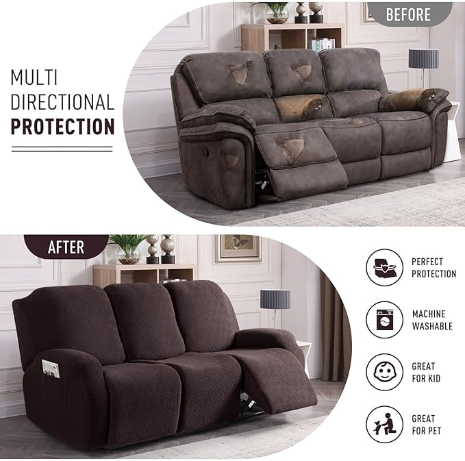 KinCam Recliner Covers, Stretch Reclining Chair Covers, Recliner Sofa Slipcovers Stripe Jacquard Recliner Couch Covers Furniture Protector Covers for Pet Kid (3 Seater, Chocolate)