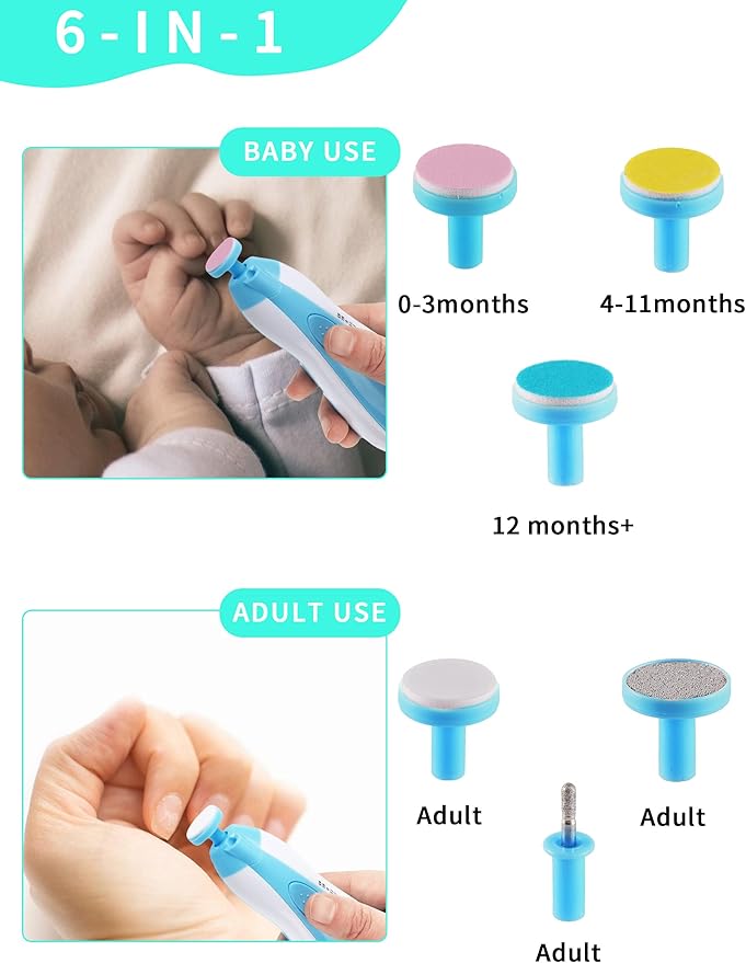 Baby Nail Trimmer Electric,Nail Clippers File for Baby No Sharp Claws Hurt, 6 in 1 with Light Safety Cutter for Newborn Infant Toddler Kids Toes and Fingernails Care