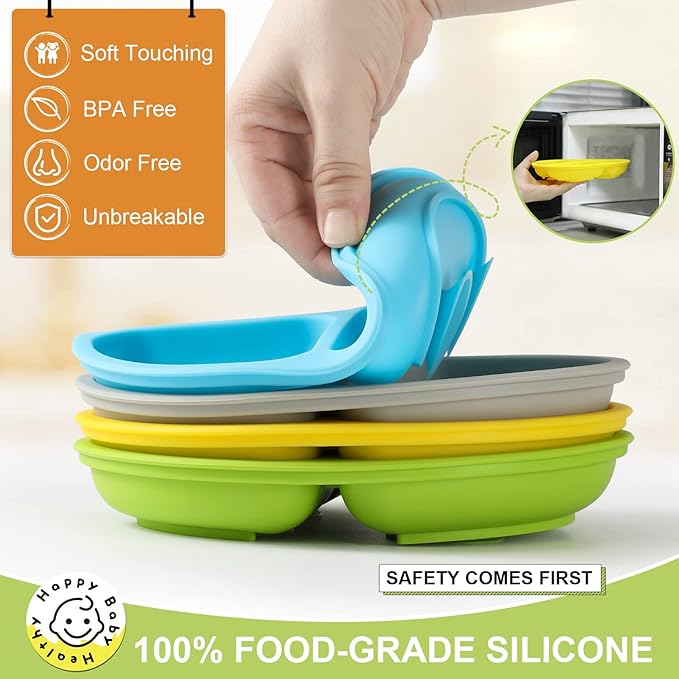 VITEVER 4 Pack Suction Plates with Lids for Baby & Toddler, 100% Food-Grade Silicone, Divided Design, Microwave & Dishwasher Safe
