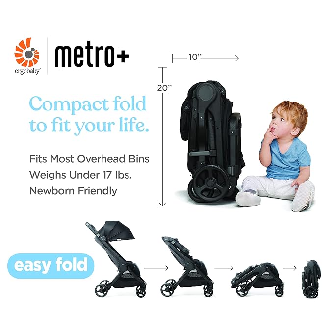 Ergobaby Metro+ Compact Baby Stroller, Lightweight Umbrella Stroller Folds Down for Overhead Airplane Storage (Carries up to 50 lbs), Car Seat Compatible, Black