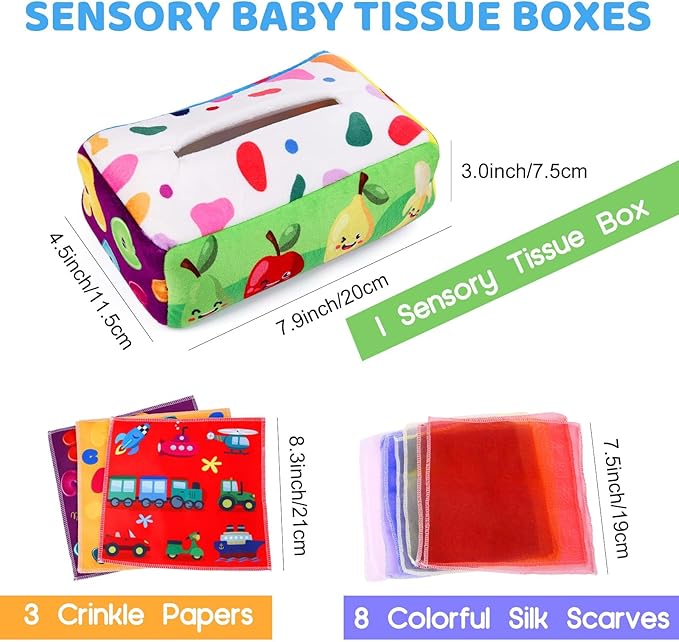 Baby Toys 6 to 12 Months - Tissue Box Toy Montessori for Babies 6-12 Months, Soft Stuffed High Contrast Crinkle Infant Sensory Toys