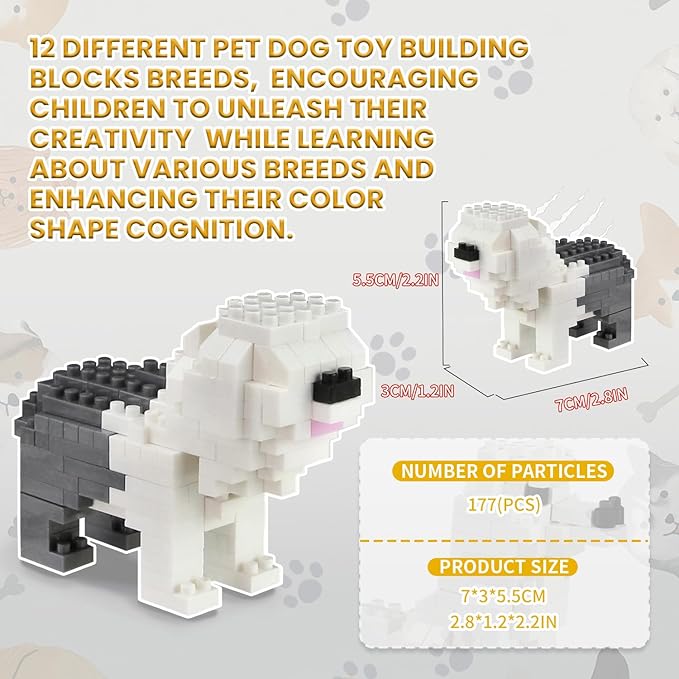 BOROLA Pet Dog Building Blocks Set Educational Toy Realistic Fun Animal Assembly Kit Toys Games(Old English Sheepdog Blocks)