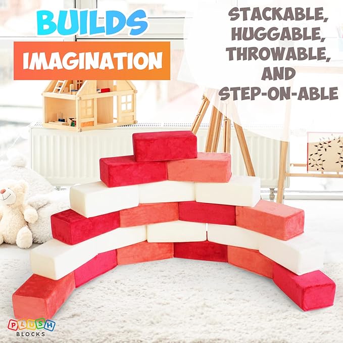 The Original Premium Plush Building Block for Kids - Certified Safe Foam Blocks in Luxuriously Soft Fabric Covers 24 (Brick