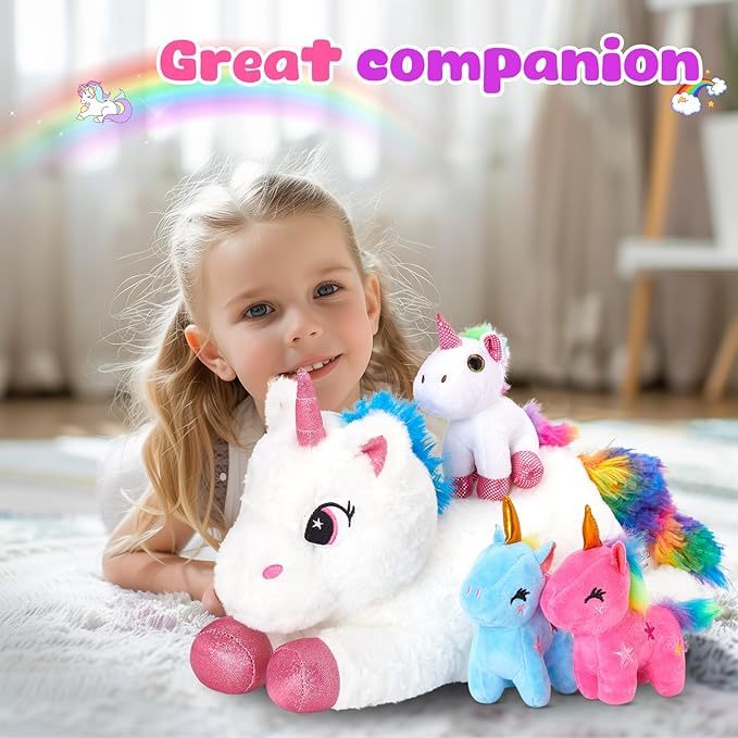 Houwsbaby Unicorn Mommy Stuffed Animal with 3 Babies Inside,4 in 1unicorn Plush Toy