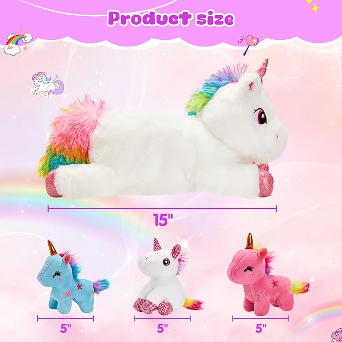 Houwsbaby Unicorn Mommy Stuffed Animal with 3 Babies Inside,4 in 1unicorn Plush Toy