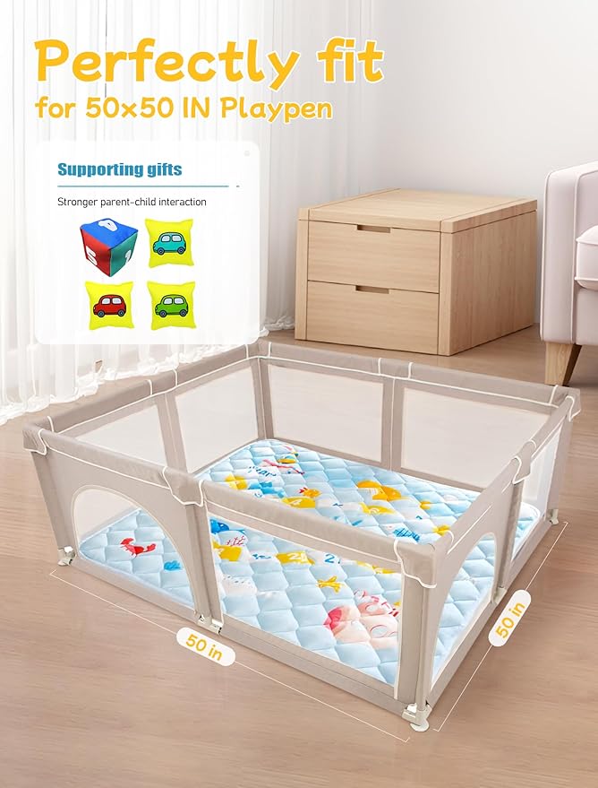 Baby Play Mat for Floor, 50x50 Play Mat with Parent-Baby Interaction Game Accessories for Playpen