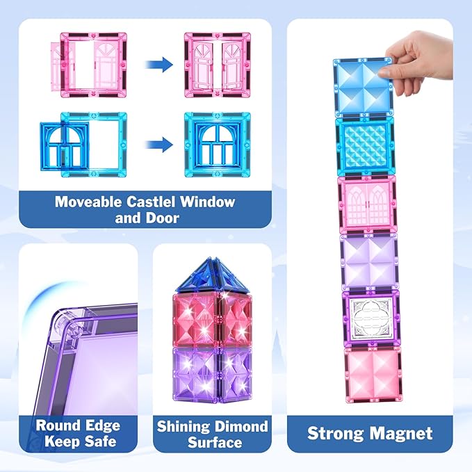 Magnetic Tiles Frozen Toys, Ice World Dimond Princess Castle 60Pcs Magnet Tile Building Blocks for Toddler Age 1-3,3-5, Pretend STEM Learning, for Kid Girls Boys 3 4 5 6