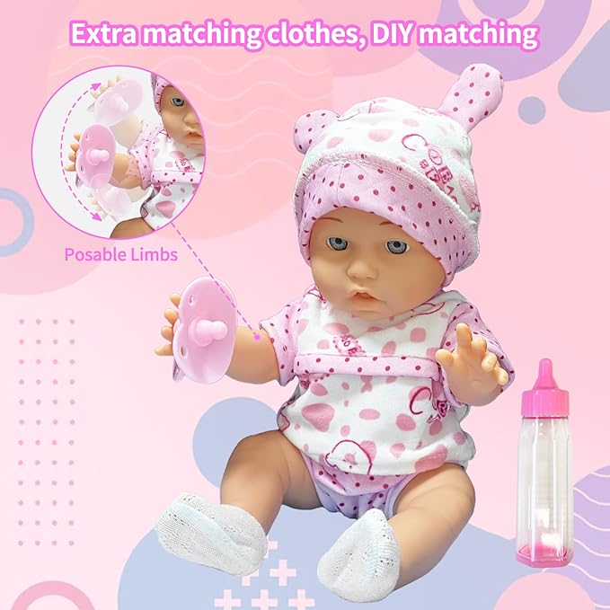 LETOUR 12'' Baby Doll in Gift Box with Pink Cloths,and Pink Bear Cloths, Pacifier 13''x13'' Microfabric 3+