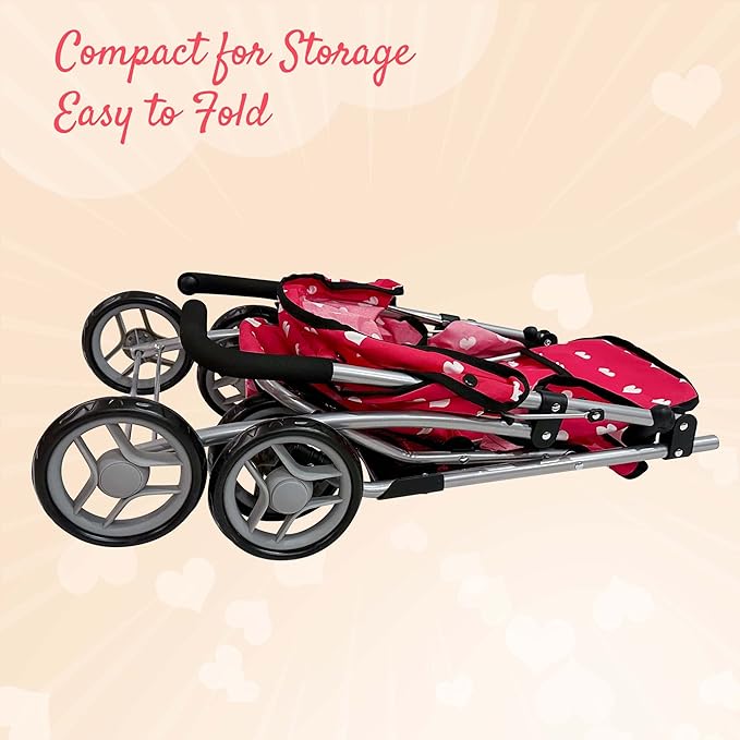 Baby Doll Stroller for Toddler Girls & Big Kids up to 8 Years Old | 28” Baby Stroller for Dolls, Toy Baby Stroller with Cute Pink Hearts Pattern