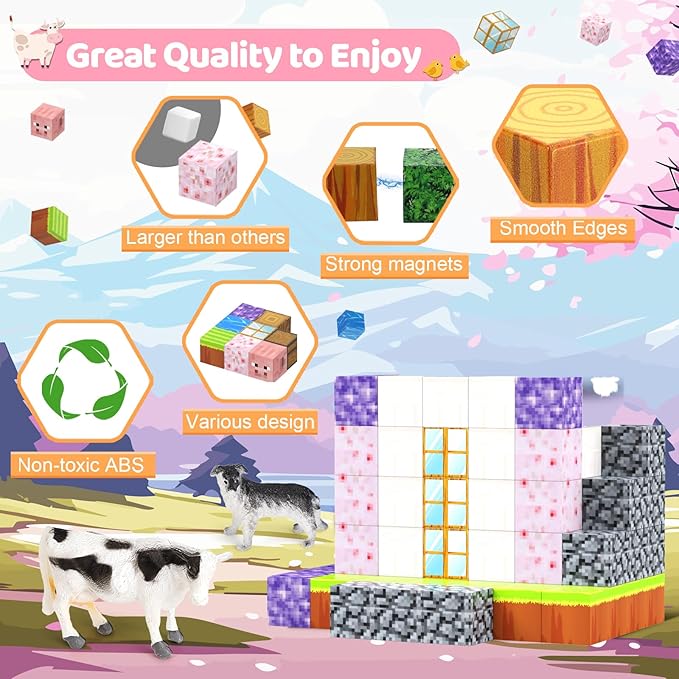 Magnetic Blocks 110PCS with 6 Animal Toys, Building Blocks Set, Toys for Boys & Girls Age 4-6,6-8, STEM Montessori Stacking Building Toys for Toddlers Kids 3+(Cherry & Animal)