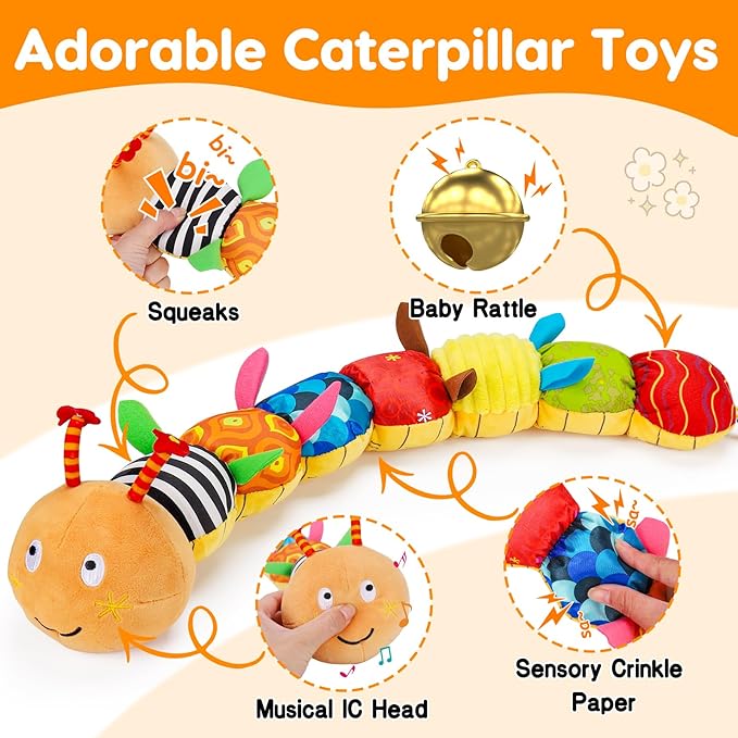 Baby Sensory Caterpillar Toys 0-3 Month Music Animal Stuffed Plush 0-3-6-12 Month 9-12 Month