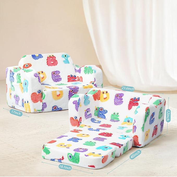 MeMoreCool Glow-in-The-Dark Alphabet Kids Couch – Soft Plush Folding Toddler Chair and Comfy Recliner for Boys and Girls