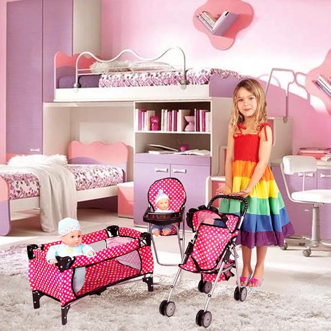 fash n kolor 4 Piece Doll Play Set, includes - 1 Pack N Play. 2 Doll Stroller 3.Doll High Chair. 4.Infant Seat 18'' Doll (4 Piece