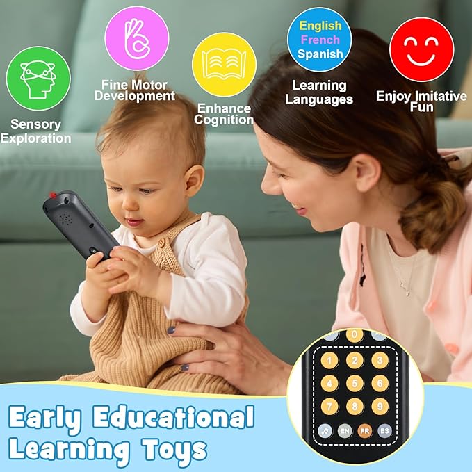 Baby TV Remote Control Toy with Sound and Light, Music Toys for Baby 6-24 Months 3 Language 6 12 18 Month