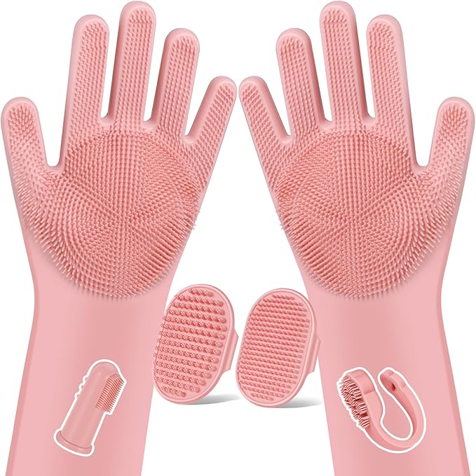 6PCS Pet Grooming Kit | Dog Washing Gloves | Dog Bath Brush | Dog Bath Gloves | Dog Shampoo Brush | Pet Grooming Gloves | Cat Bathing Supplies | Dog Bath Supplies (Light Pink)
