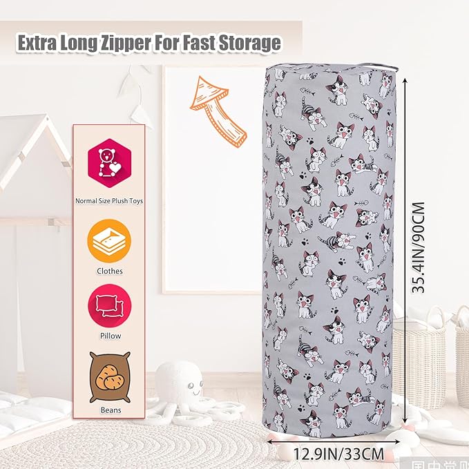 Stuffed Animal Storage Bean Bag Chair Cover (No Filler), Cylinder Plush Toy Storage Stuff and Sit Seat for Kids Boys and Girls, Canvas Large Soft Sit & Play Sofa with YKK Zipper