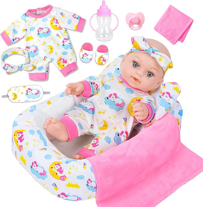 12 Inch Baby Doll With Soft Crib Bassinet Bed,Sleep Time 3+ Kids