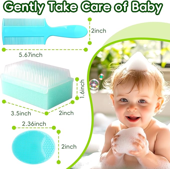 Cradle Cap Brush for Babies, Set of 5 Baby Bath Essentials with Bath Sponge Silicone Scrubber Long Handle Comb for Newborns Toddlers Boys Girls (Green)