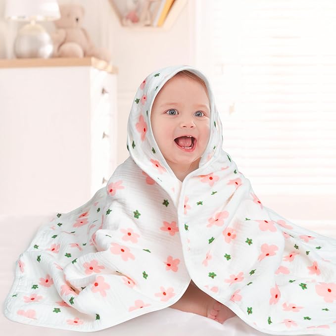 Zainpe 4Pcs Muslin Baby Hooded Towel & Washcloth Set Floral 31.5 x 31.5 in