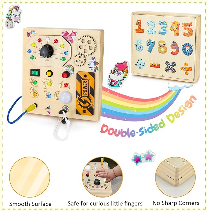 JAMIEWIN Montessori Busy Board with LED Light Switch for Toddlers 1-3, Wooden Sensory Board Travel Toys for Toddlers Baby 1 +