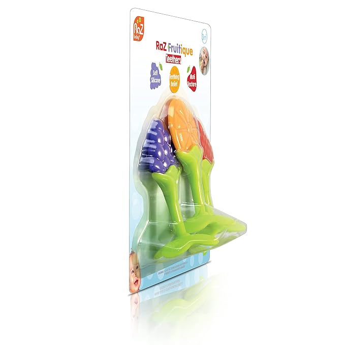 RaZbaby Infant & Baby Massager & Teether Toy 3-Pack, Fruit-Shaped Multi-Texture Teethers Soothe Sore Gums 3M+