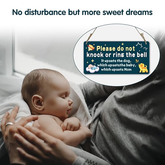 Fun-plus Baby Sleeping Sign for Front Door, Do Not Knock or Ring the Bell - 10?│x5??PVC Plastic Hanging Sign
