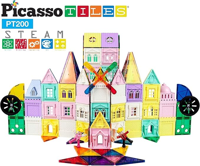 PicassoTiles 200 PCs Magnetic Tiles Castle Theme with 2 Figures 3+
