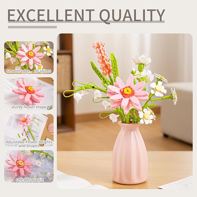 Flower Bouquet Building Blocks Set - Artificial Flowers with Gerbera for Home Decor, Unique Gift for Her or Him for Anniversary Valentine Birthday
