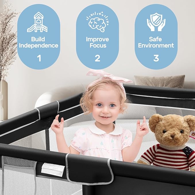 Tmsene Baby Playpen, Play Pens for Babies and Toddlers, Indoor & Outdoor Playard for Kids Activity Center, Sturdy Safety Baby Fence with Breathable Mesh, Black