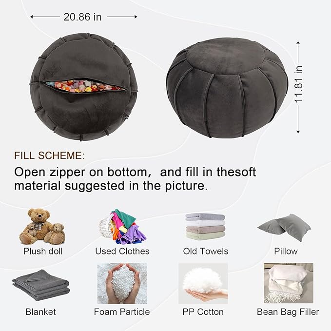 Louis Donné Unstuffed Ottoman Pouf Cover, Eco-Friendly Fabric Pouf Ottoman Floor Chair with Storage Solution for Bedroom, Round Foot Stools for Seating Poufs for Living Room Camper(Dark Brown)